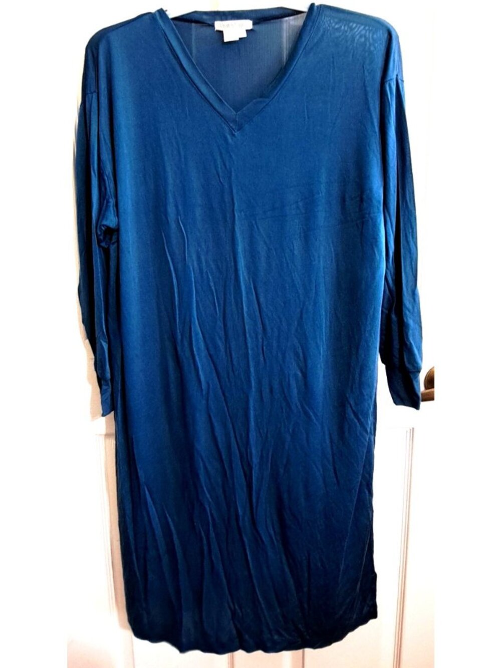 WinterSilks XL Women's Blue V-Neck Long Sleeve Maxi 100% Silk Nightgown Vintage